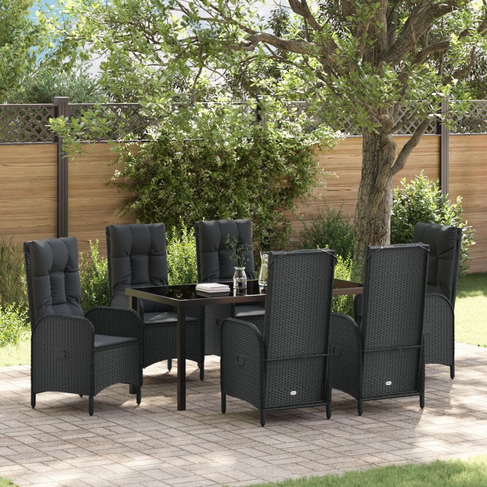 vidaXL Trädgårdsmöbelset med kudde 7 pcs Svart Poly rattan