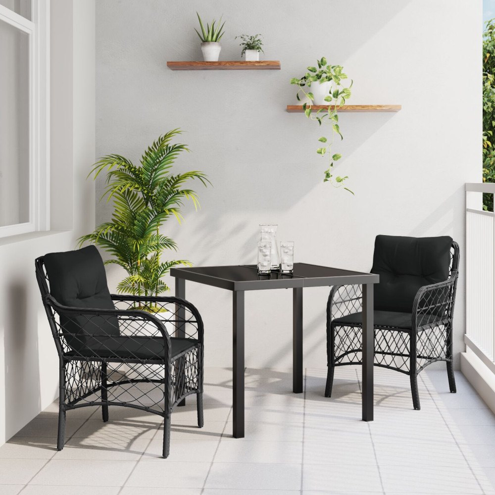 vidaXL 3-delat Trädgårdsset med Kuddar Svart Poly Rattan