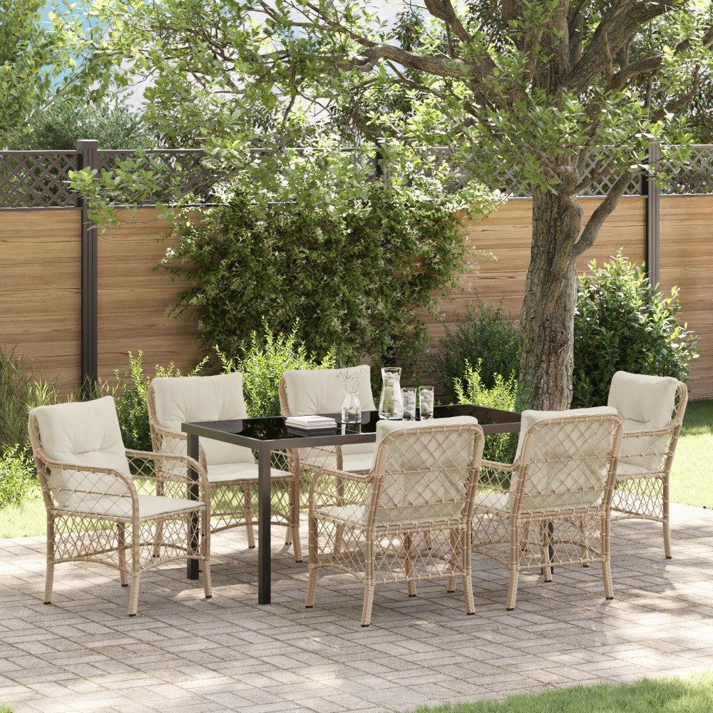 vidaXL 7-delat trädgårdsdining set med dynor Beige Poly Rattan