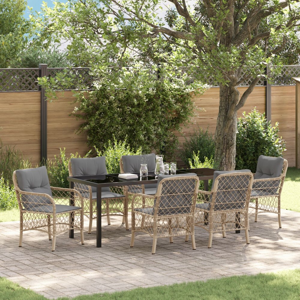 vidaXL Trädgårdsmöbelset med kudde 7 pcs Beige Poly rattan