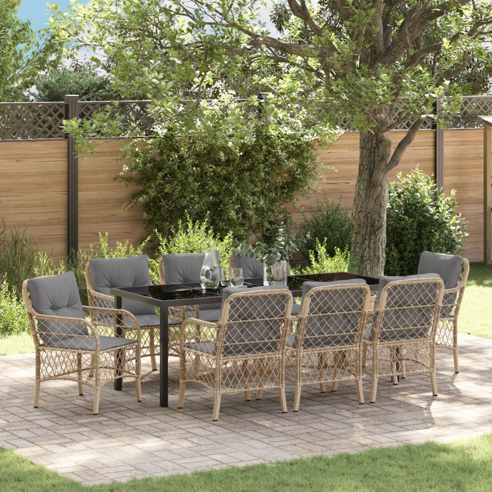 vidaXL Trädgårdsmöbelset med kudde 9 pcs Beige Poly rattan