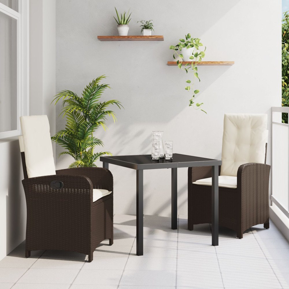 vidaXL 3-delat trädgårdsdining set med kuddar - Brun Poly Rattan