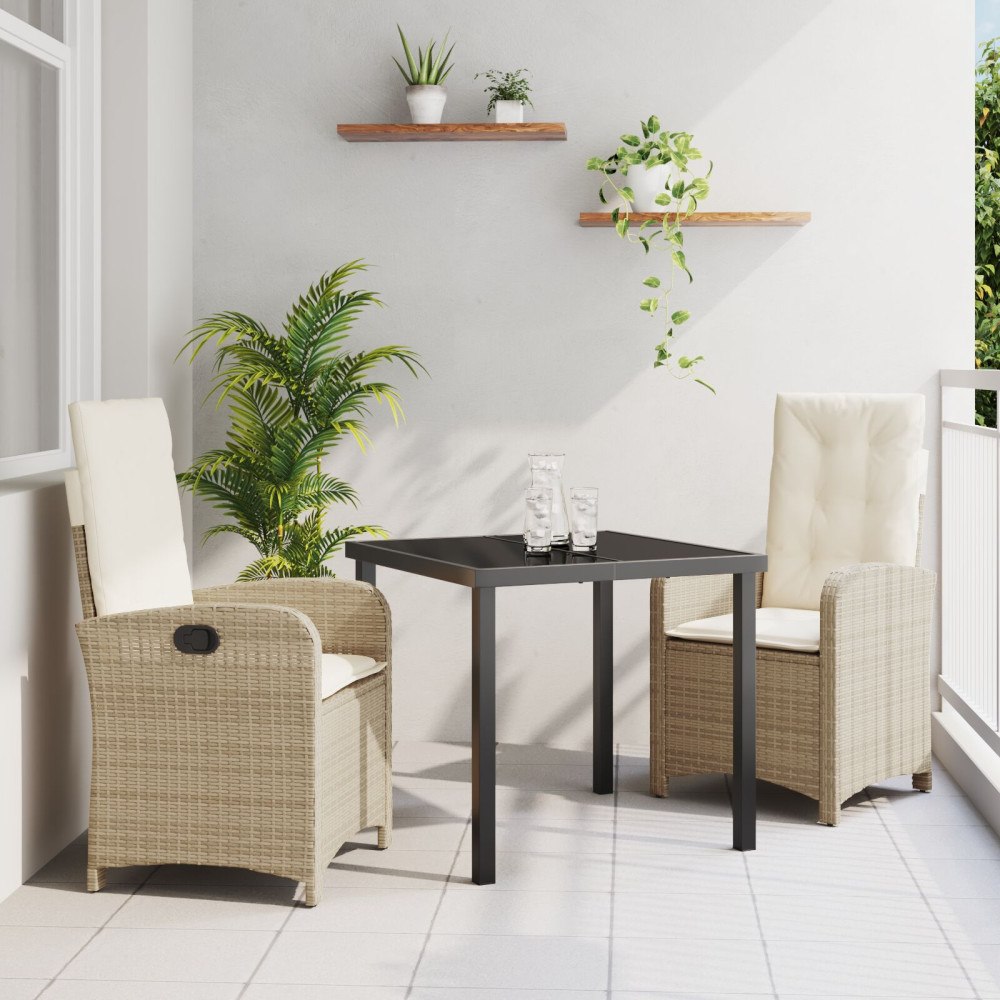 vidaXL 3-delat trädgårdsdining set med kuddar beige poly rattan