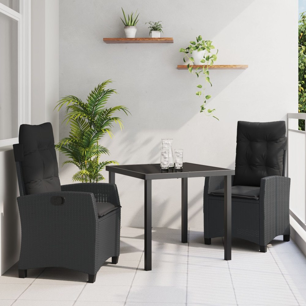 vidaXL 3-delars Trädgårdsset med Kuddar Svart Poly Rattan