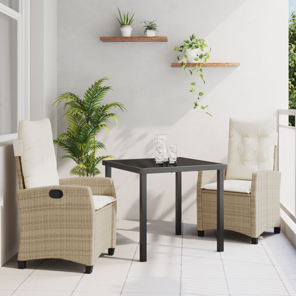 vidaXL 3-delat trädgårds matbord set med kuddar beige poly rattan