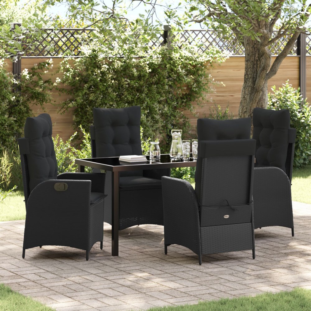 vidaXL 5 Delar Trädgårdsmatbord med Kuddar Svart Poly Rattan