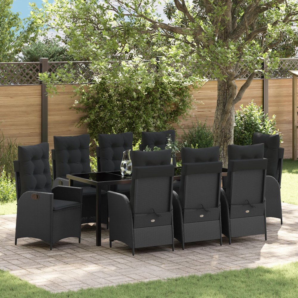 vidaXL 9-delad trädgårdsdining set med kuddar svart poly rattan