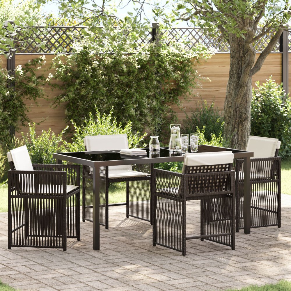 vidaXL 5-delat trädgårdsdining set med dynor Brun Poly Rattan