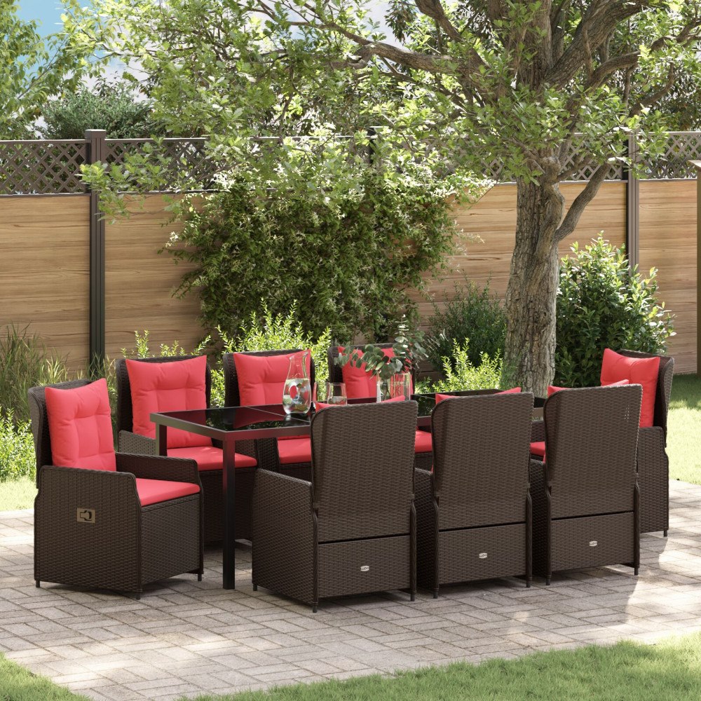 vidaXL Trädgårdsmöbelset med kudde 9 pcs Brun Poly rattan
