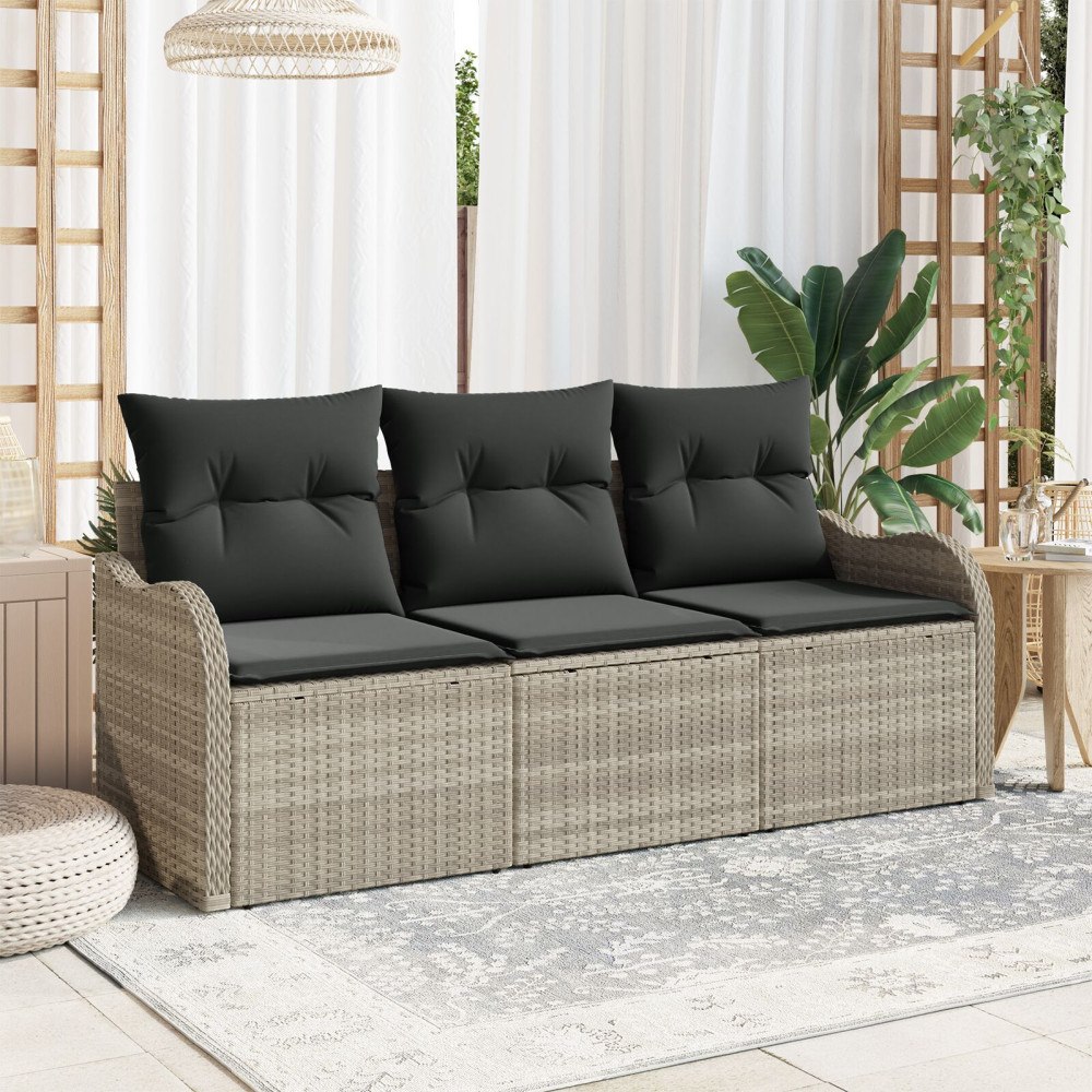 vidaXL Set om 3 Trädgårdsoffa med Kuddar Ljusgrå Poly Rattan