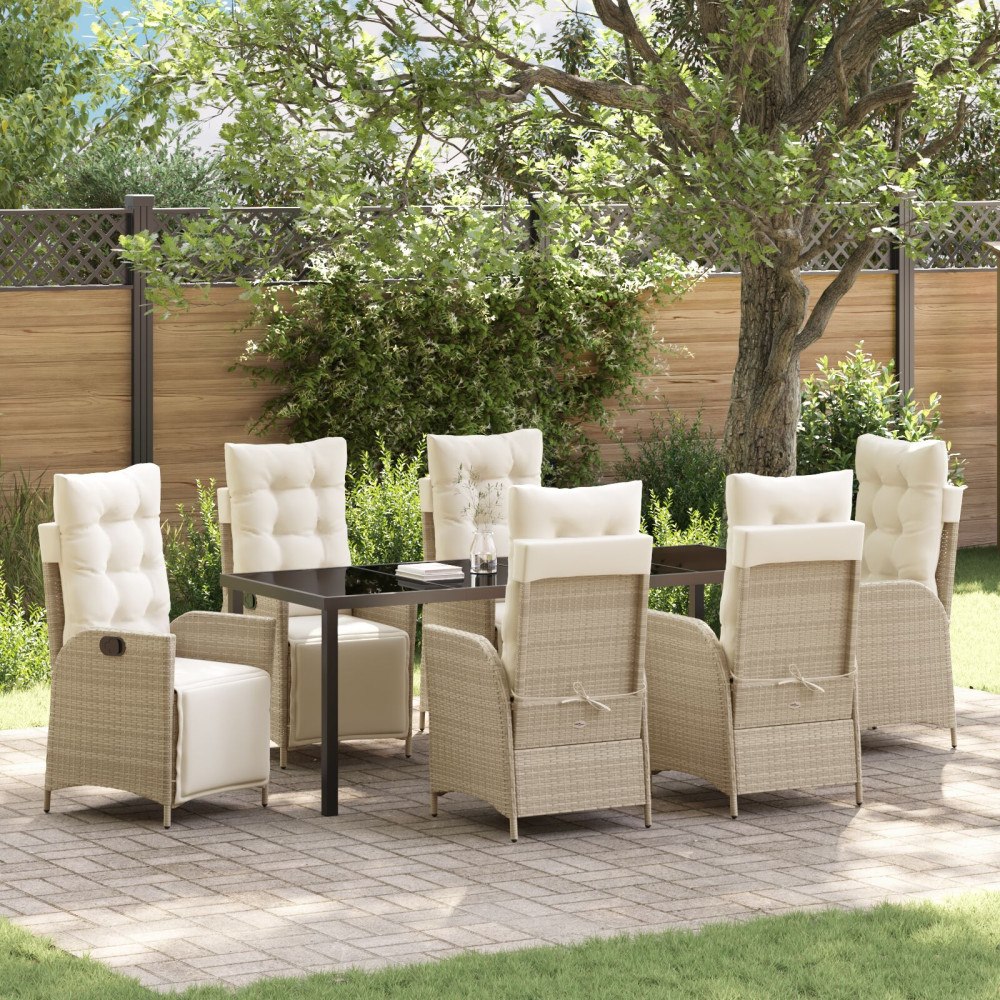 vidaXL 7-delars trädgårdsdining set beige poly-rattan