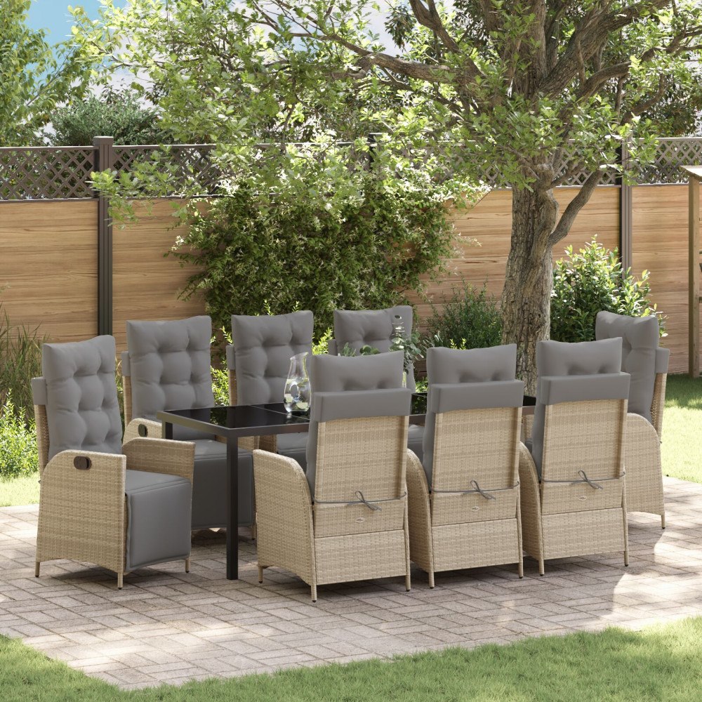 vidaXL 9 Delars Trädgårdsdining Set Beige Poly Rattan