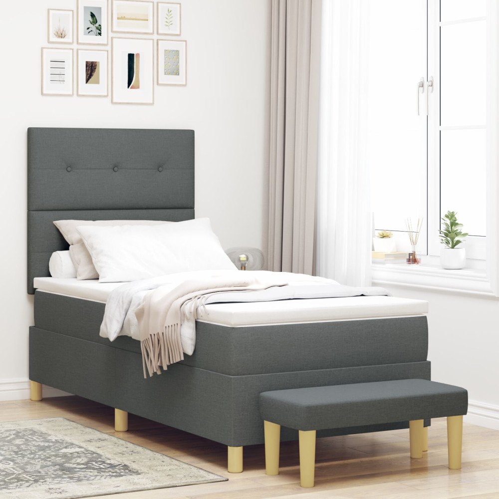 vidaXL Box Våningssäng med Madrass & Bänk Mörkgrå 80x200 cm Tyg