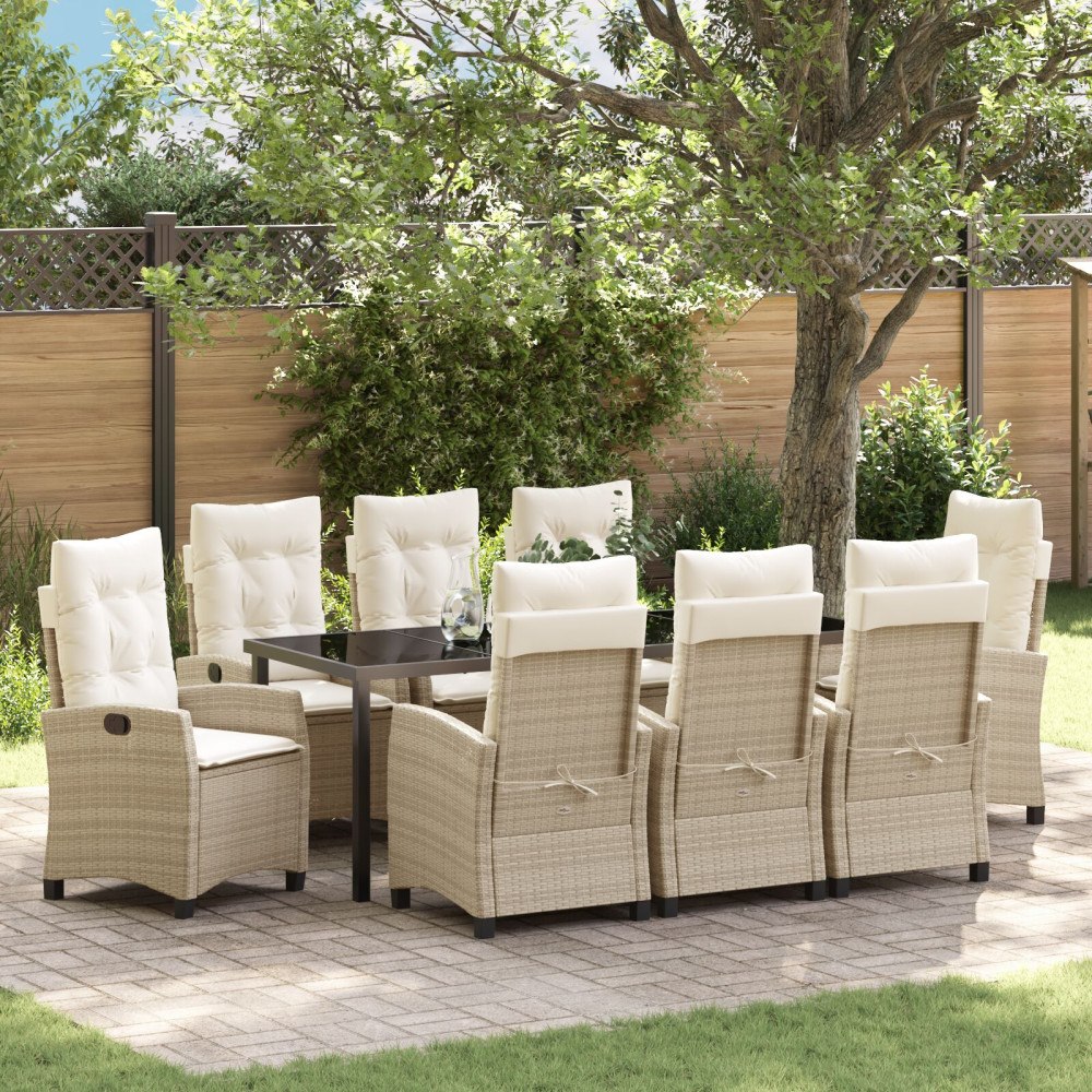 vidaXL 9 Delars Trädgårdsmatbordset med Kuddar Beige Poly Rattan