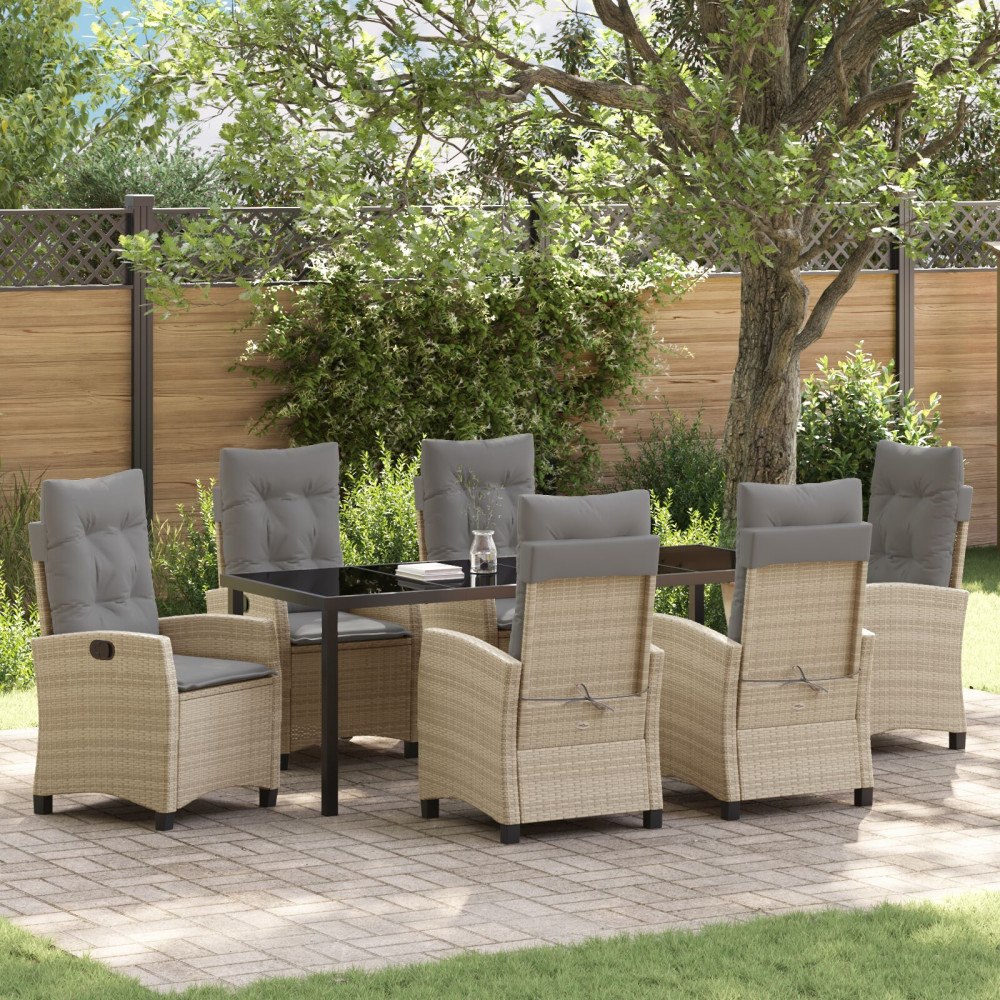 vidaXL 7-delat Trädgårdsmatbord Set med Kuddar Beige Poly Rattan