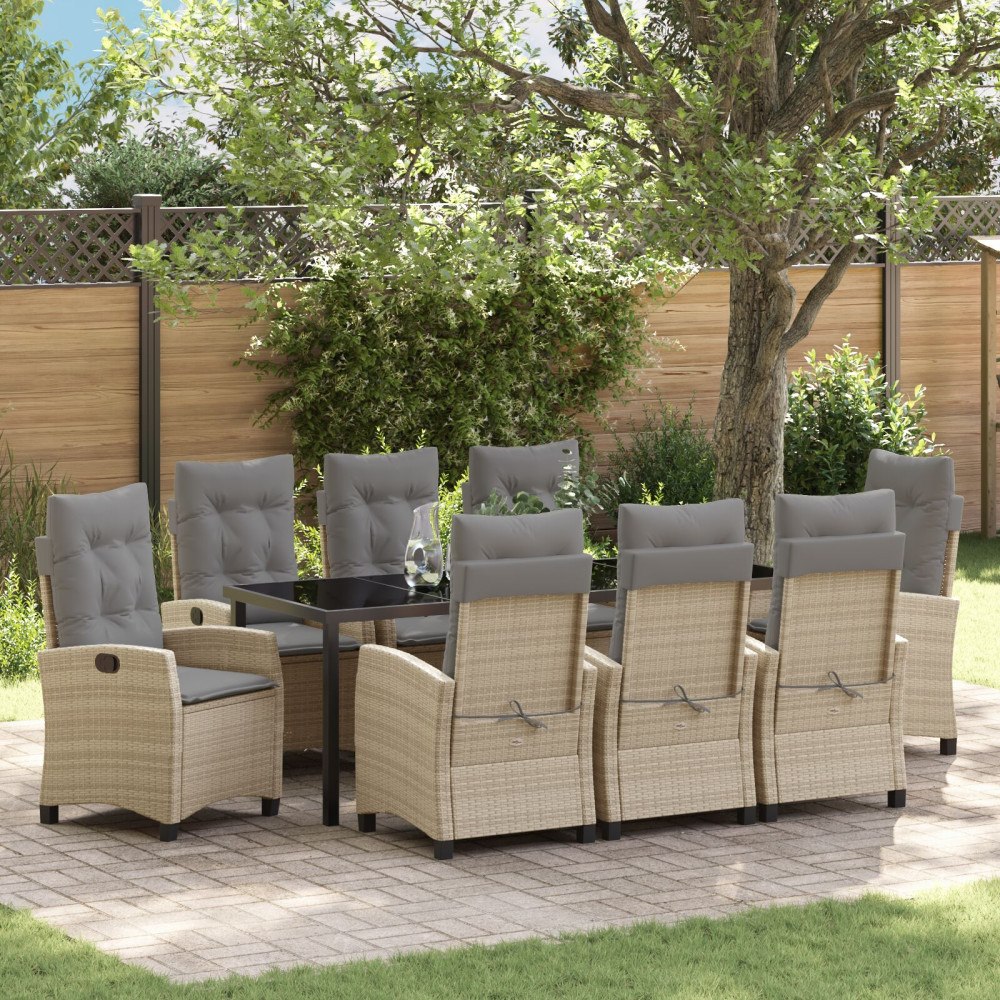 vidaXL 9-delars Trädgårdsmatsals set med kuddar Beige Poly Rattan