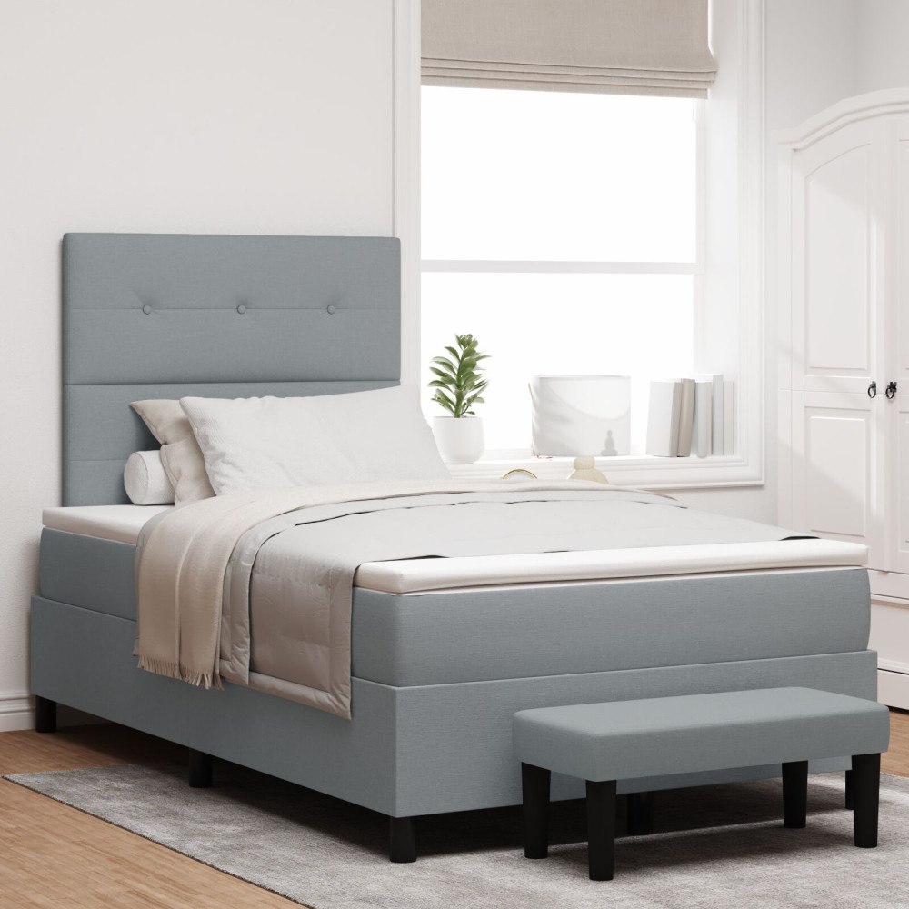 vidaXL Box Spring Säng med Madrass & Bänk Ljusgrå 120x190 cm Tyg