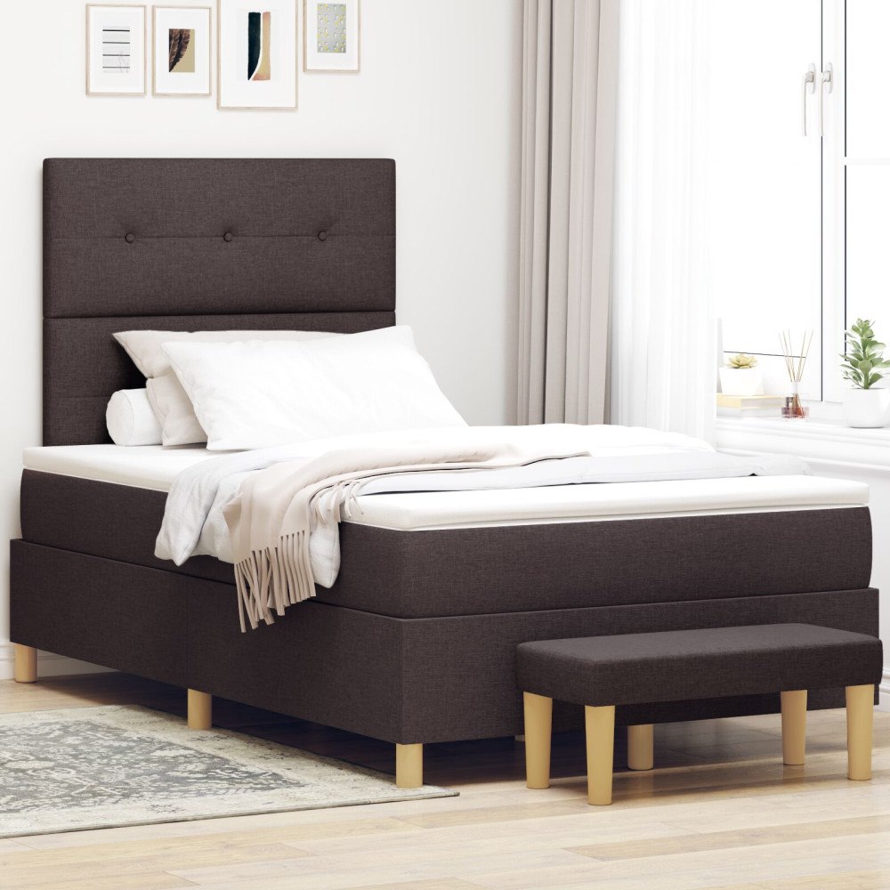 vidaXL Box Spring Bed med madrass & bänk Mörkbrun 120x190 cm Tyg