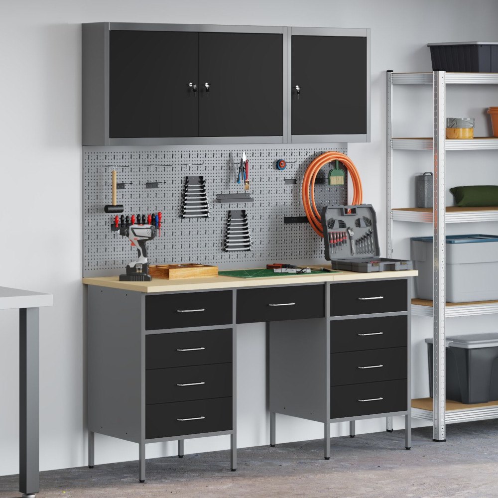vidaXL 8 delar arbetsbänk och pegboard set svart MDF och metall