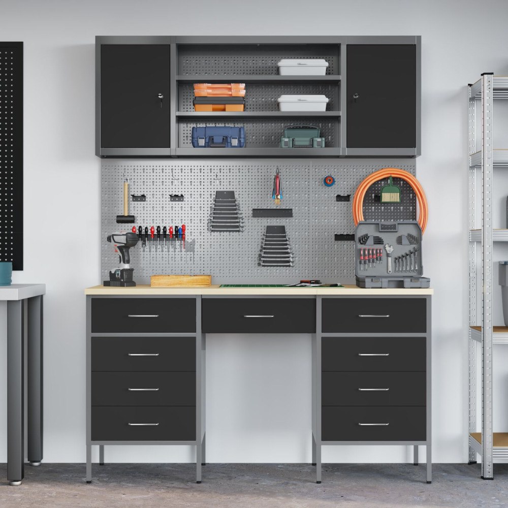vidaXL 7-delars arbetskabinet och pegboard-set i svart MDF och metall