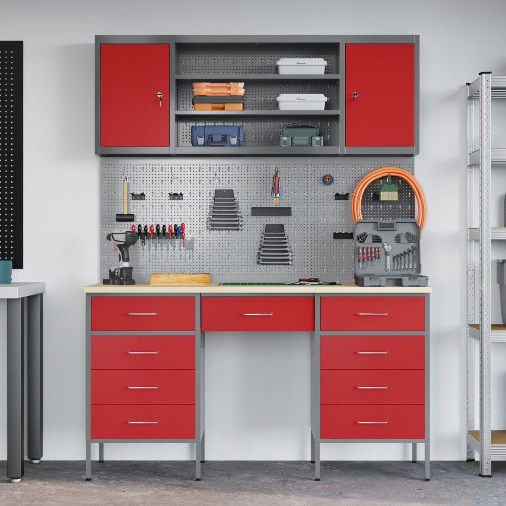 vidaXL 7-delars Arbetskabinet och Pegboard Set i Röd MDF och Metall