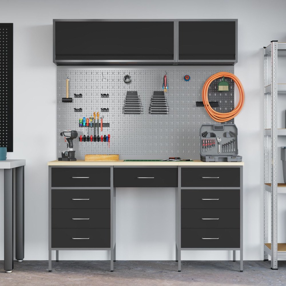 vidaXL 8-delars arbetskabinet och pegboard-set i svart MDF och metall