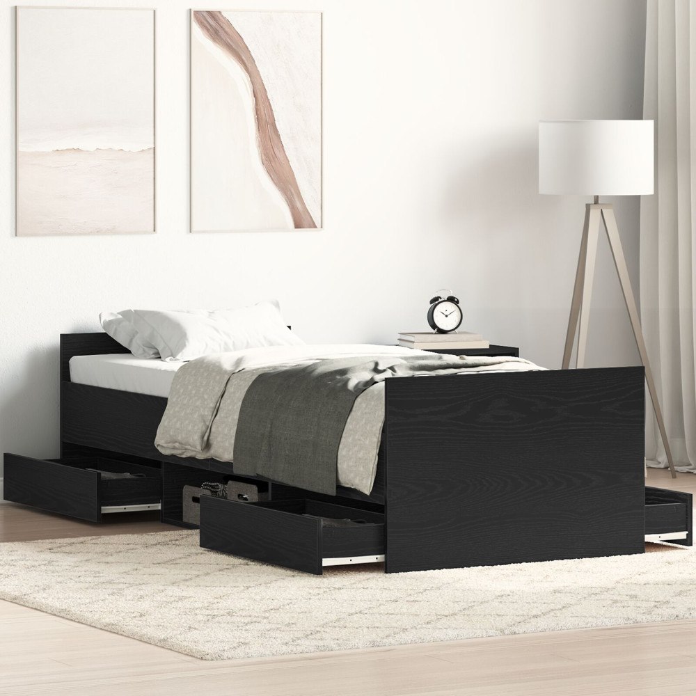 vidaXL Sängram med låda Svart Ek 193 x 78 x 50 cm Konstruerat trä