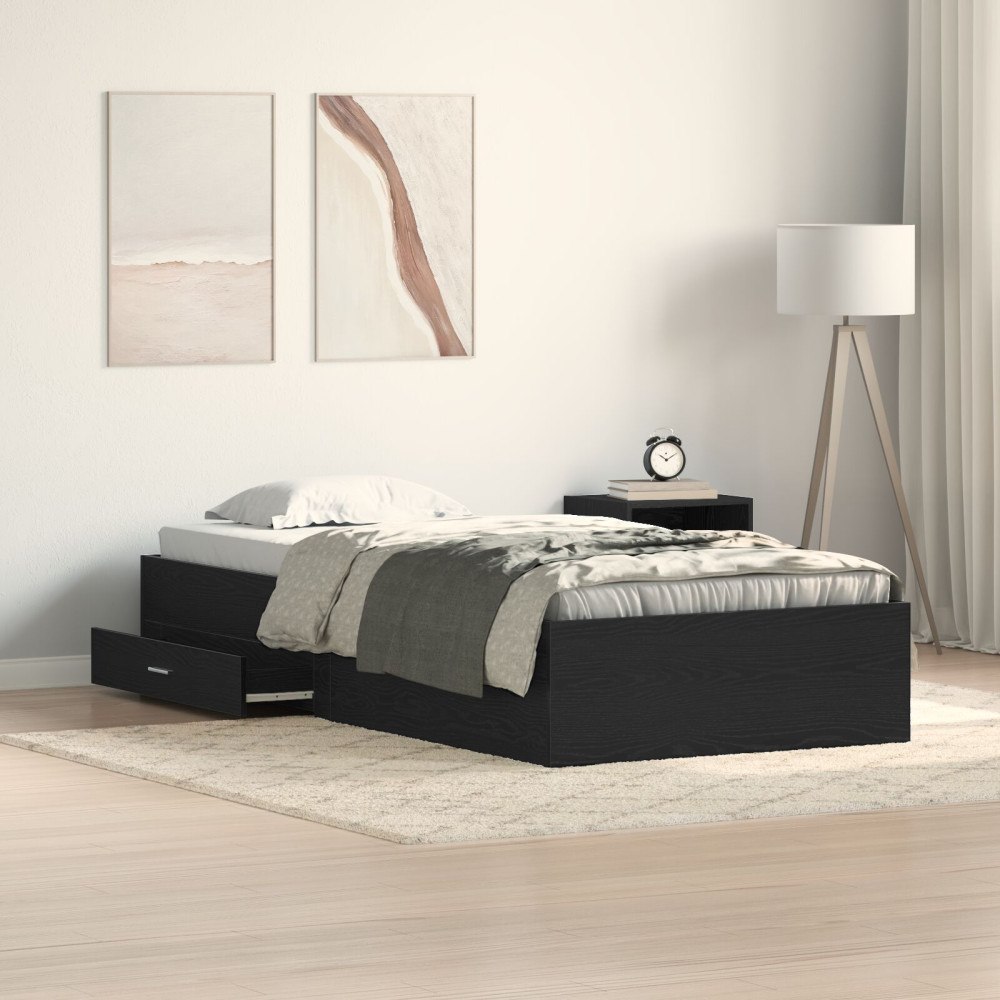 vidaXL Sängram med låda Svart Ek 90 x 190 cm Konstruerat trä