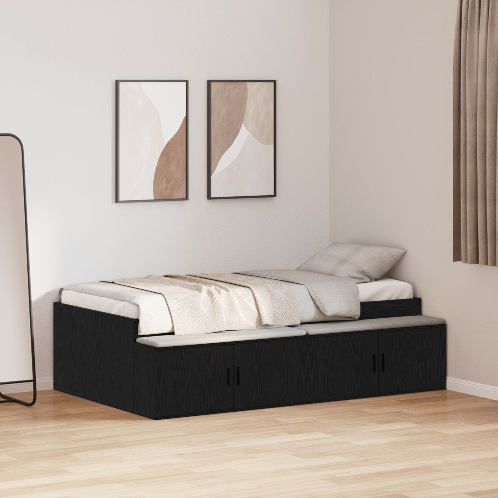vidaXL Sängram med låda med dörr Svart Ek 90 x 200 cm Konstruerat trä