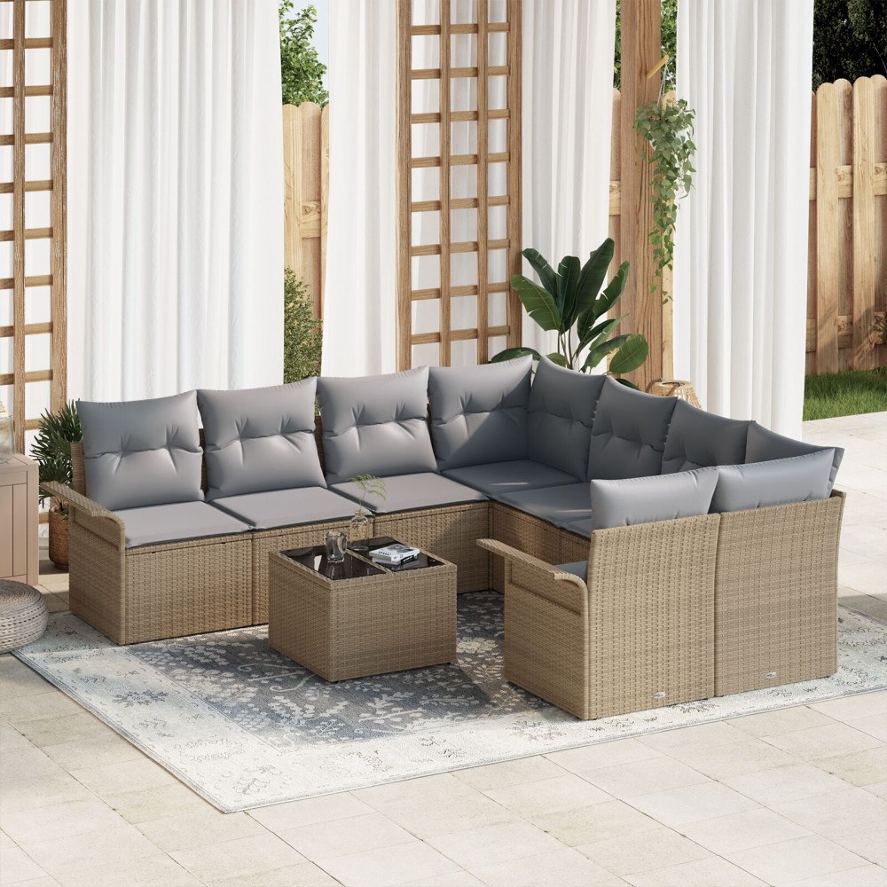 vidaXL Trädgårdsoffset 9 st Beige konstrotting
