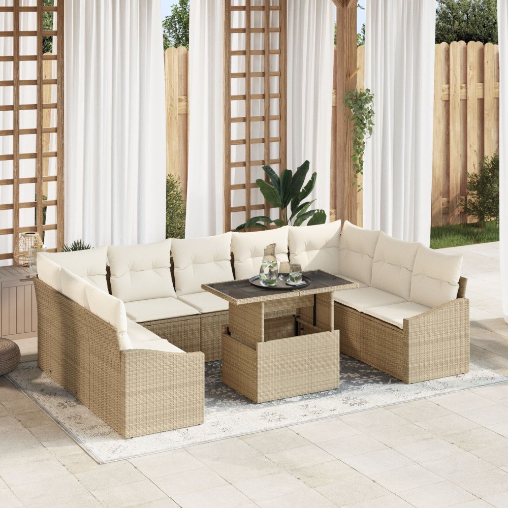 vidaXL 10-delars trädgårdsoffset med kuddar beige poly rattan