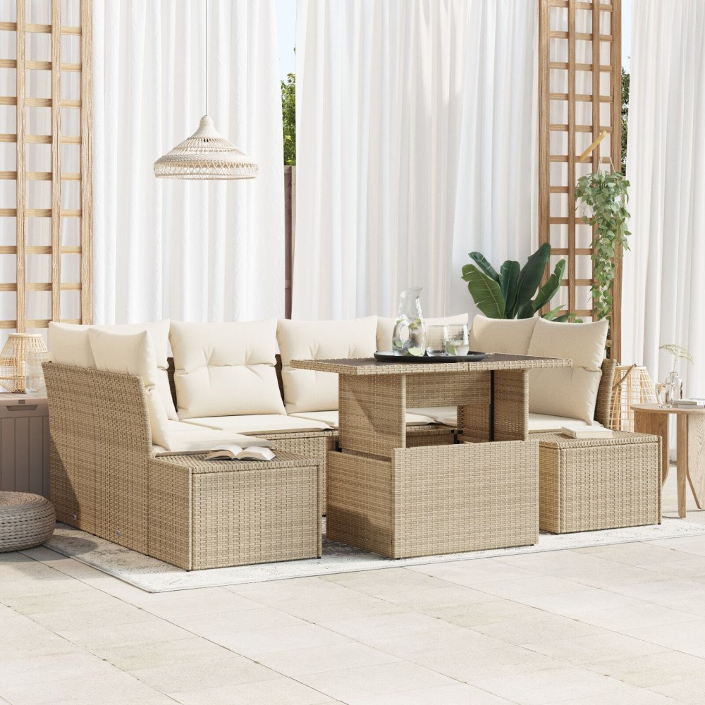 vidaXL 7-delars trädgårdsoffaset med kuddar beige poly rotting