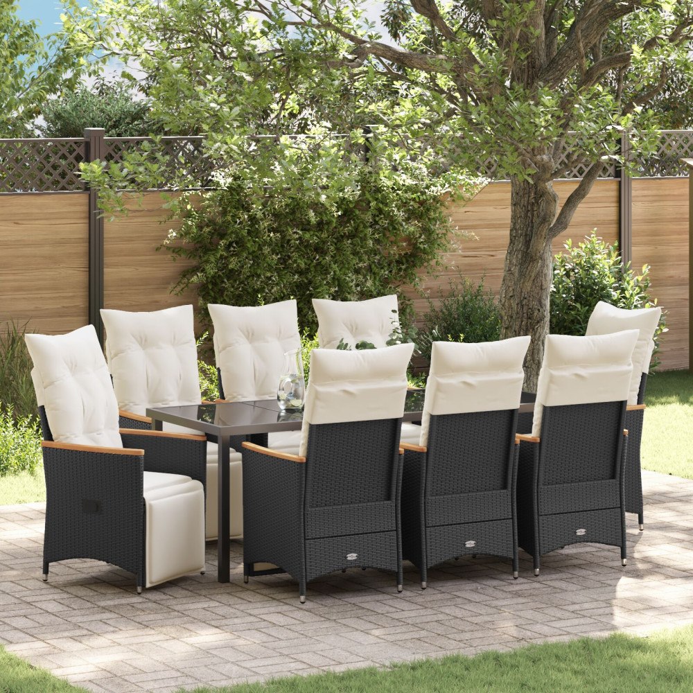 vidaXL 9 Delars Trädgårdsdining Set Med Kuddar Svart Poly Rattan