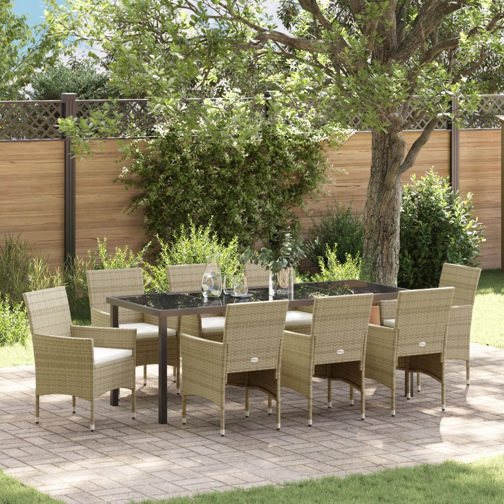 vidaXL Trädgårdsmöbelset med kudde 9 pcs Beige Poly rattan