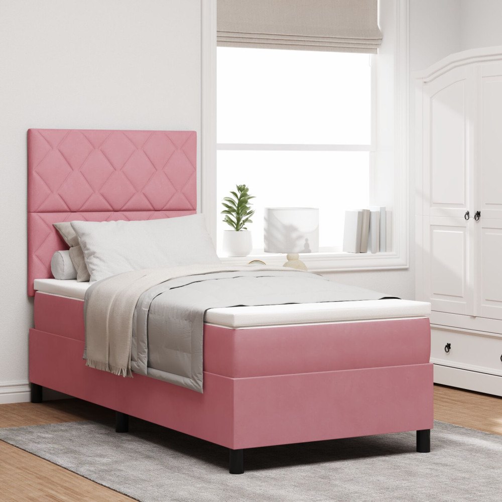 vidaXL Bäddfjäder med huvudgavel Rosa 90 x 190 cm Sammet