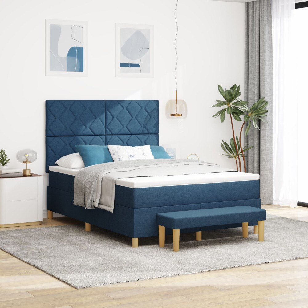 vidaXL Bäddfjäder med kudde med huvudgavel Blå 200 x 160 cm tyg