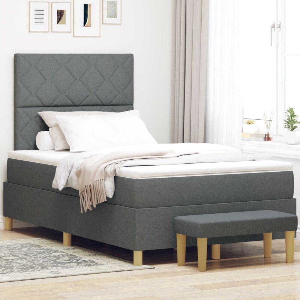 vidaXL Boxfjäder Säng med Madrass & Bänk Mörkgrå 120x190 cm Tyg