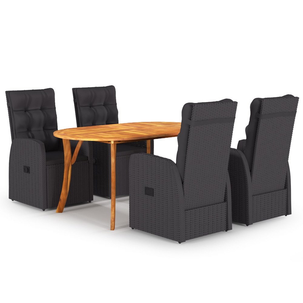 vidaXL 5-delars matbord med kuddar svart poly rattan akacia