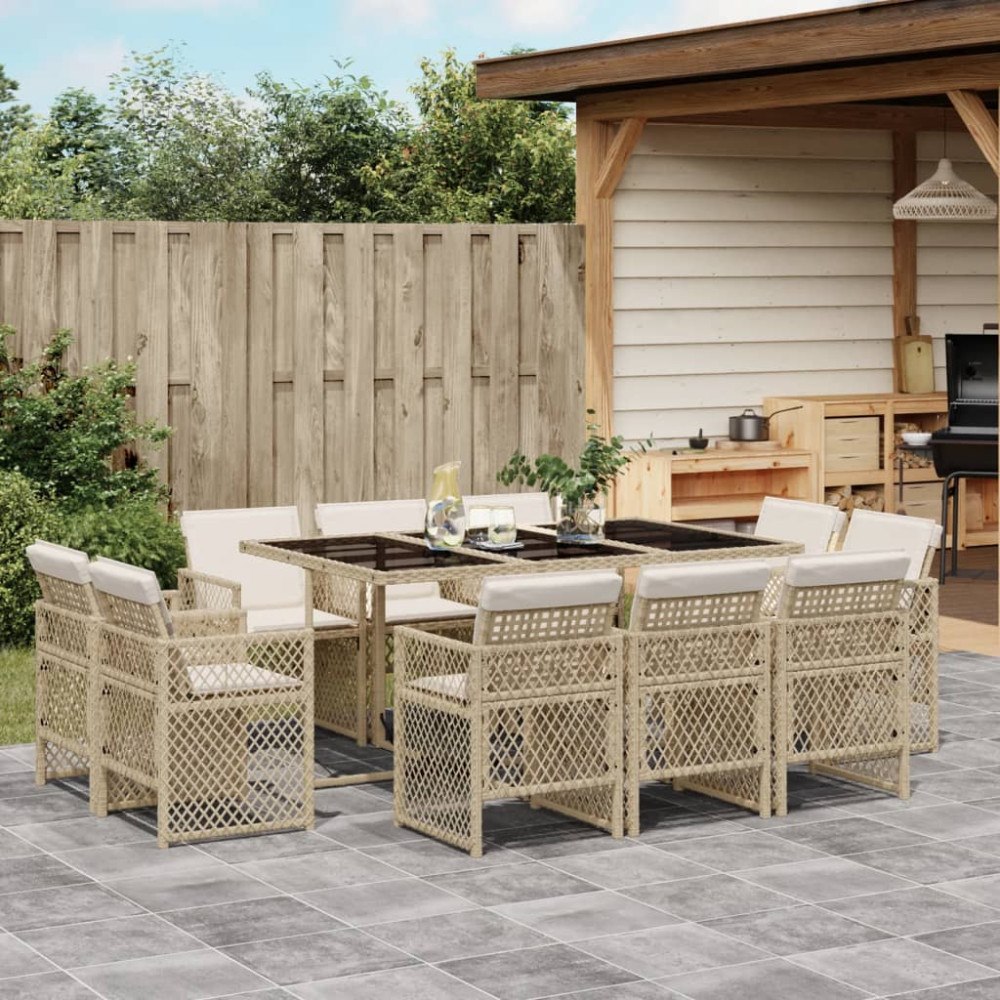 vidaXL Matgrupp för trädgården med dynor 11 delar beige konstrotting