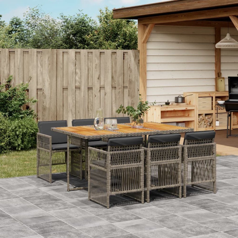 vidaXL Matgrupp för trädgården med dynor 7 delar grå konstrotting