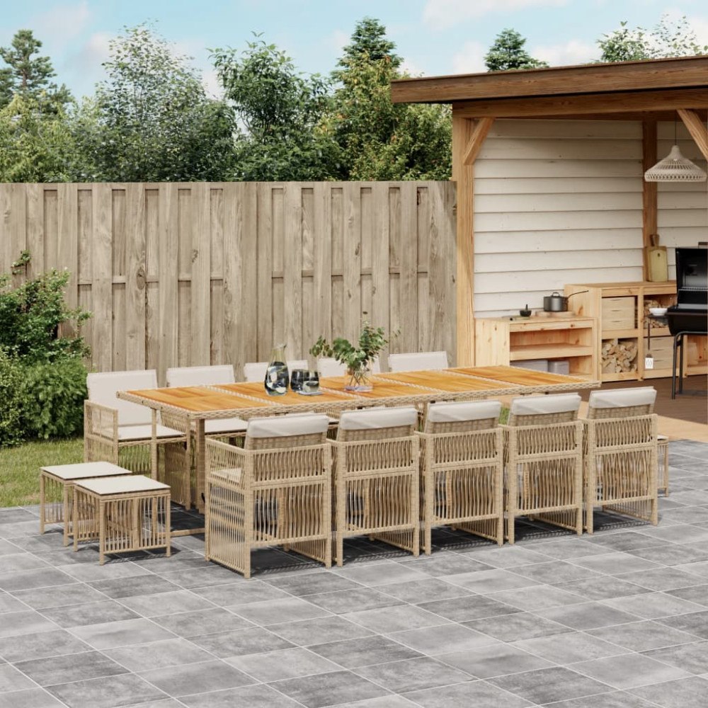 vidaXL Matgrupp för trädgården med dynor 15 delar beige konstrotting