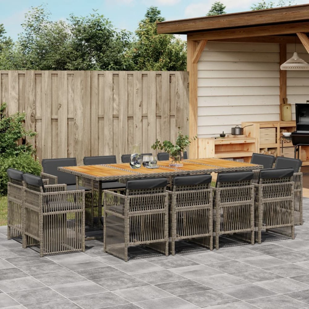 vidaXL Matgrupp för trädgården med dynor 13 delar grå konstrotting