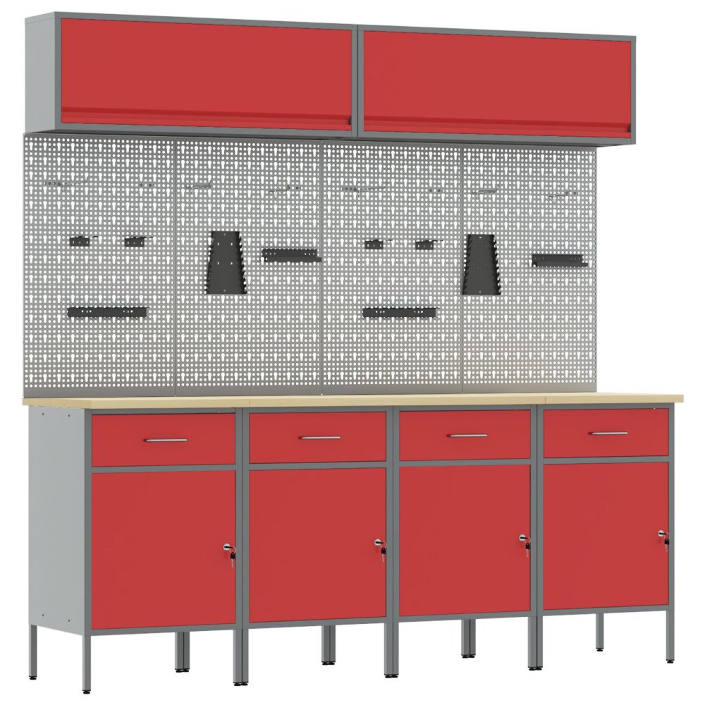 vidaXL 10-delars arbetskabinett och pegboard-set i röd MDF och metall