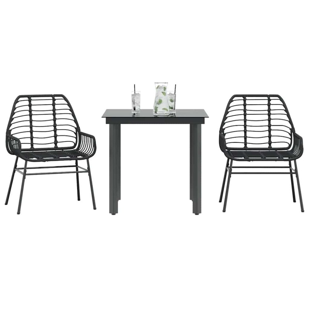 vidaXL Matgrupp för trädgården 3 delar svart konstrotting och glas