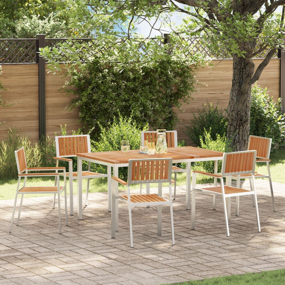 vidaXL 7 Delar Trädgårds Matgrupp Solid Teakträ, vidaXL Utomhus Matbord 150x90x75 cm Solid Teakträ, vidaXL Staplingsbara Trädgå...