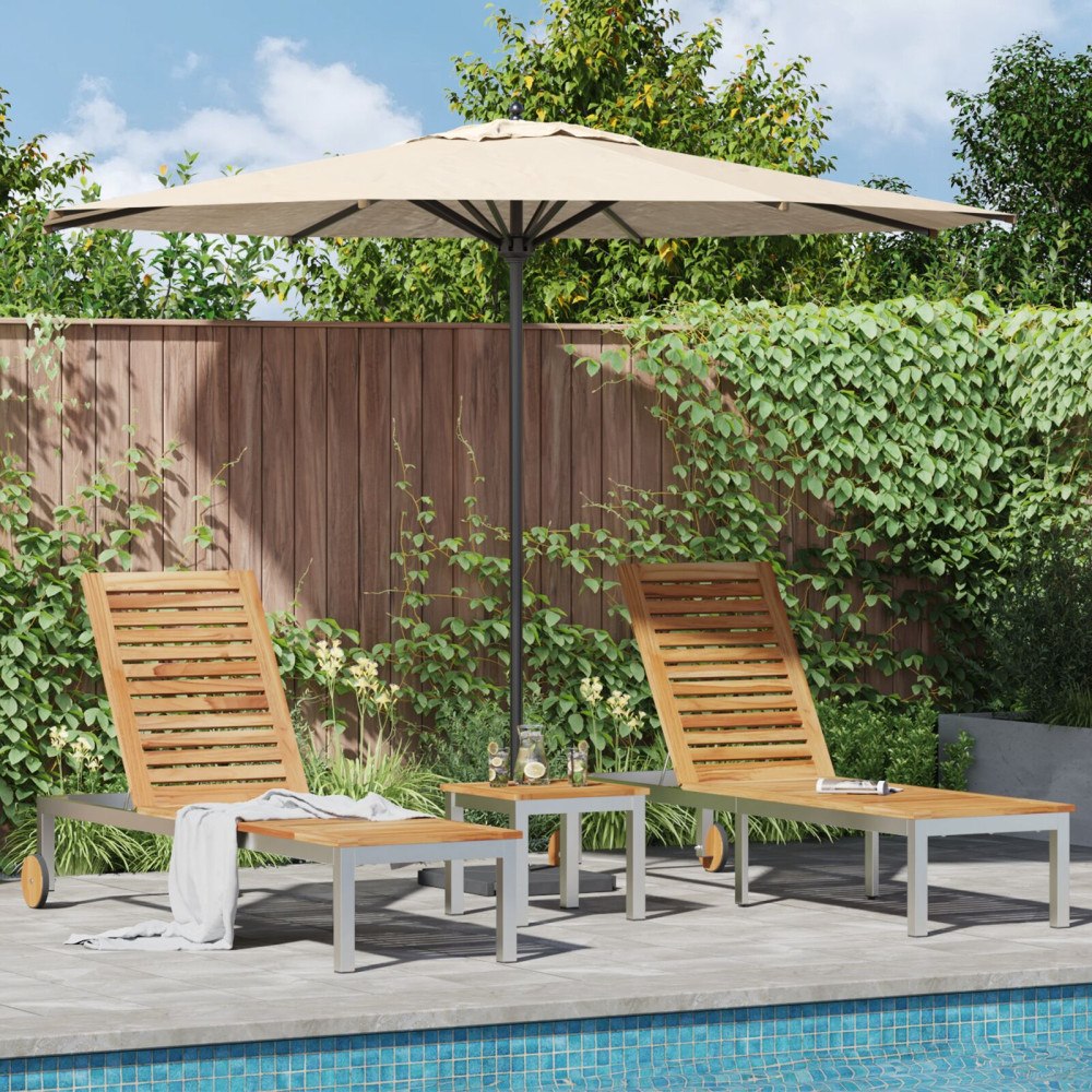 vidaXL Solsängar 2 st med Bord Massivt Teak, vidaXL Solsäng med Hjul 207x58x35 cm Massivt Acacia Trä och Rostfritt Stål