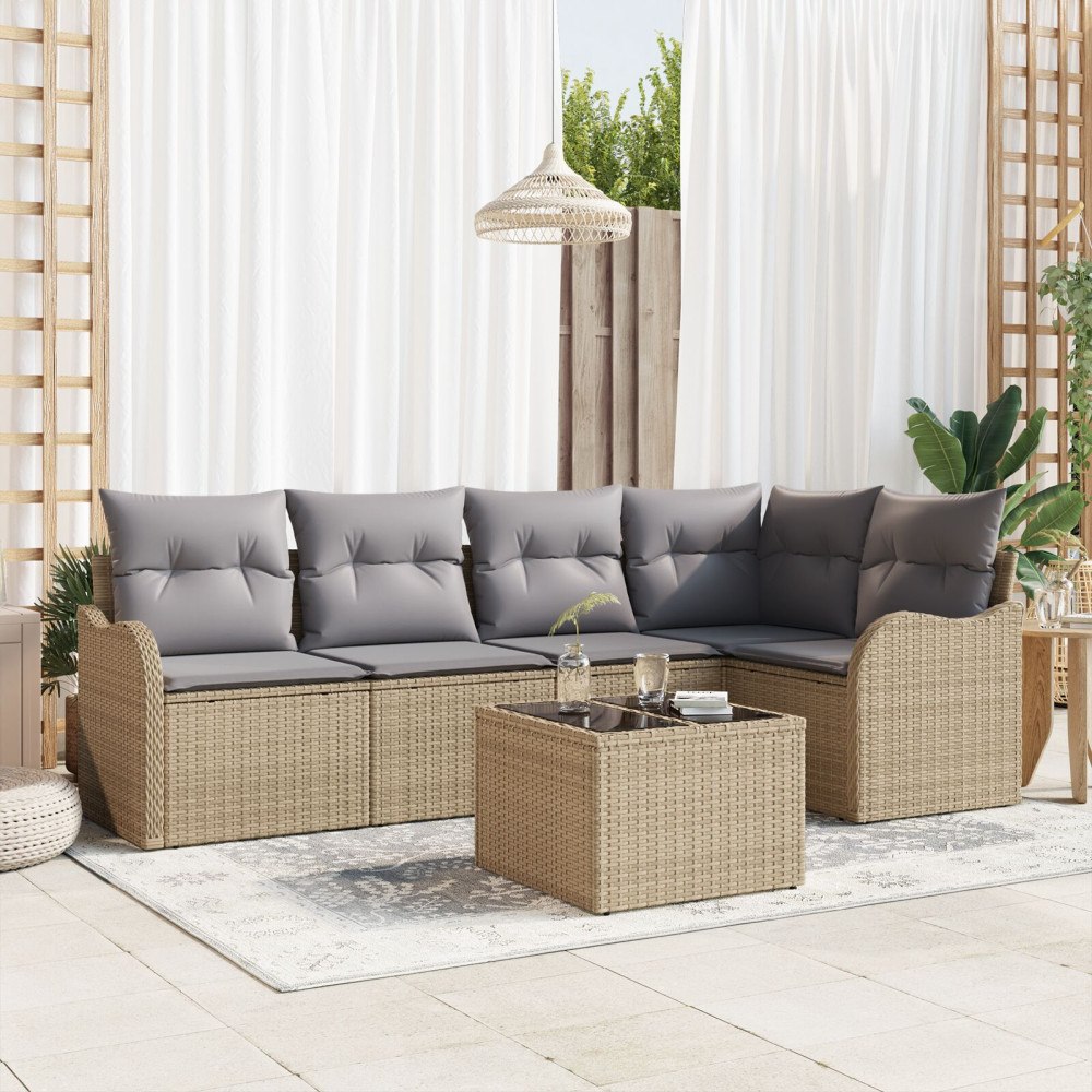 vidaXL Trädgårdsoffset med kudde 6 pcs Beige Poly rattan