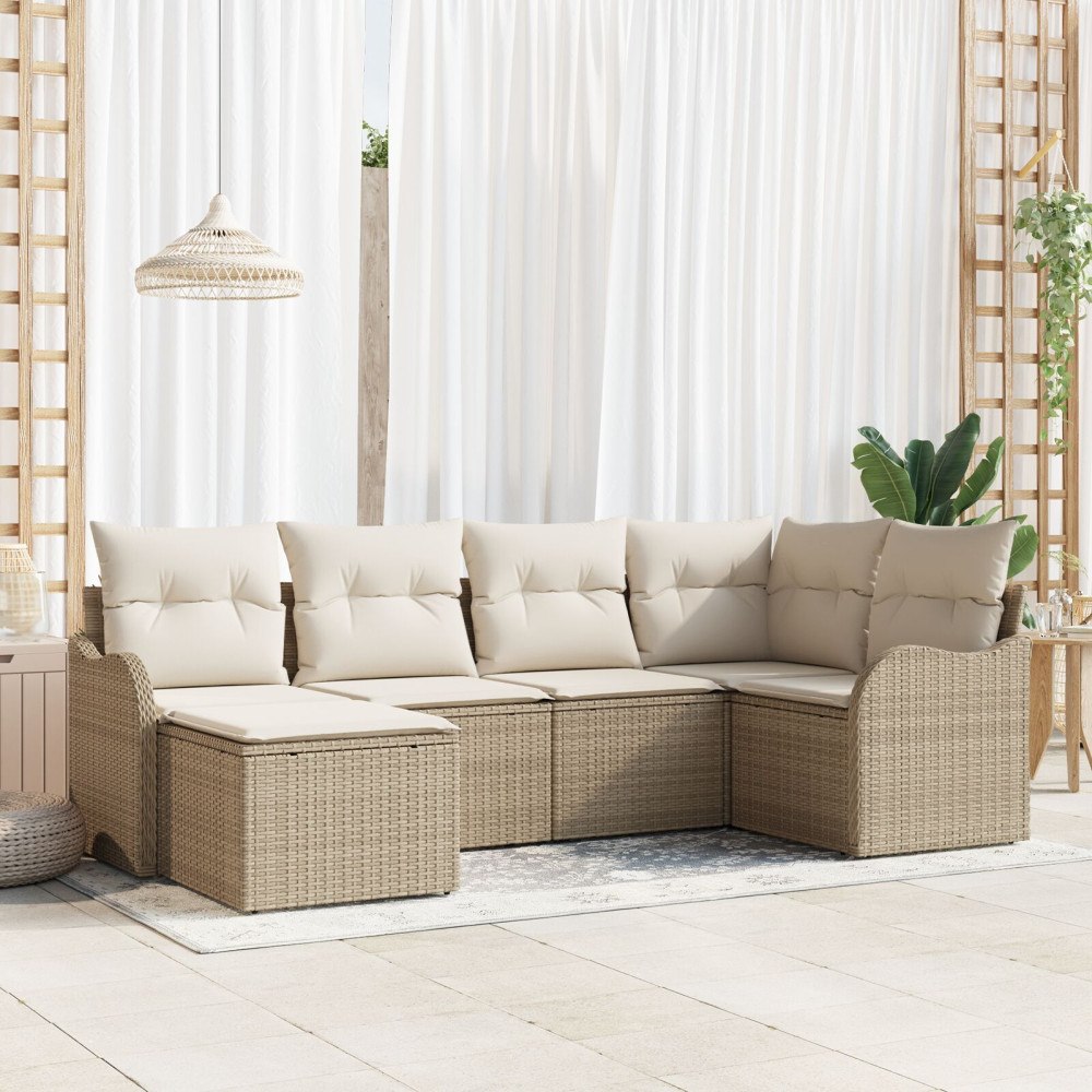 vidaXL Trädgårdsoffset med kudde 6 pcs Beige Poly rattan