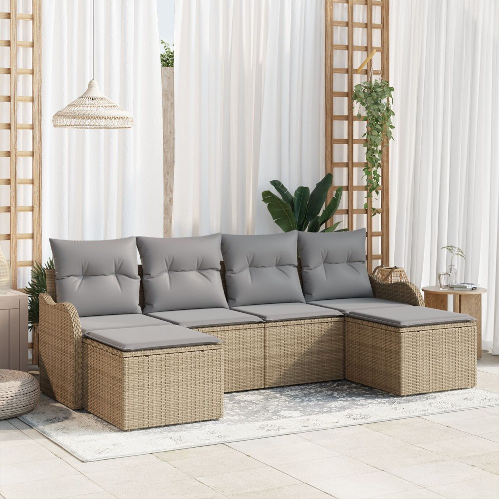 vidaXL Trädgårdsoffset med kudde 6 pcs Beige Poly rattan
