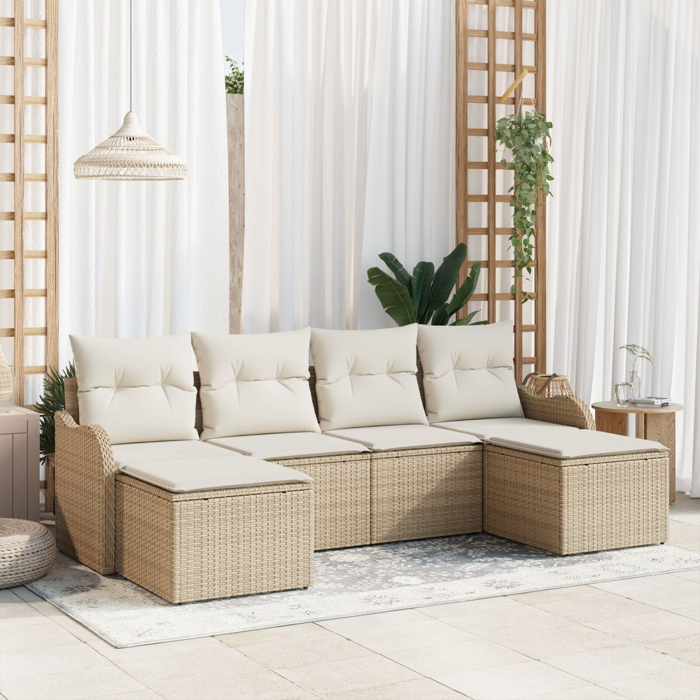 vidaXL Trädgårdsoffset med kudde 6 pcs Beige Poly rattan